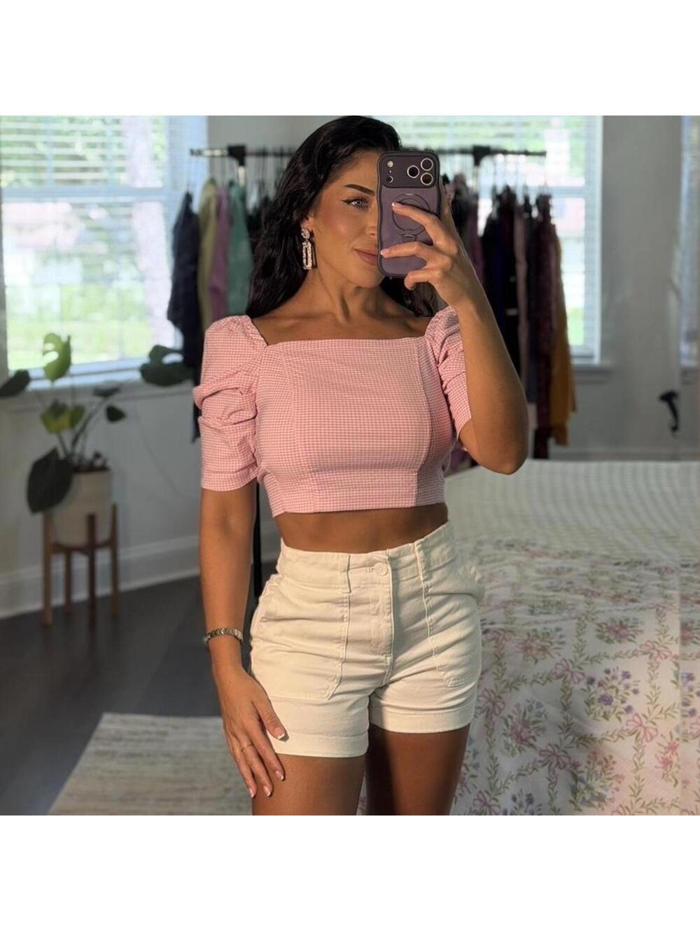 TOPSHOP Pink gingham off the shoulder crop top